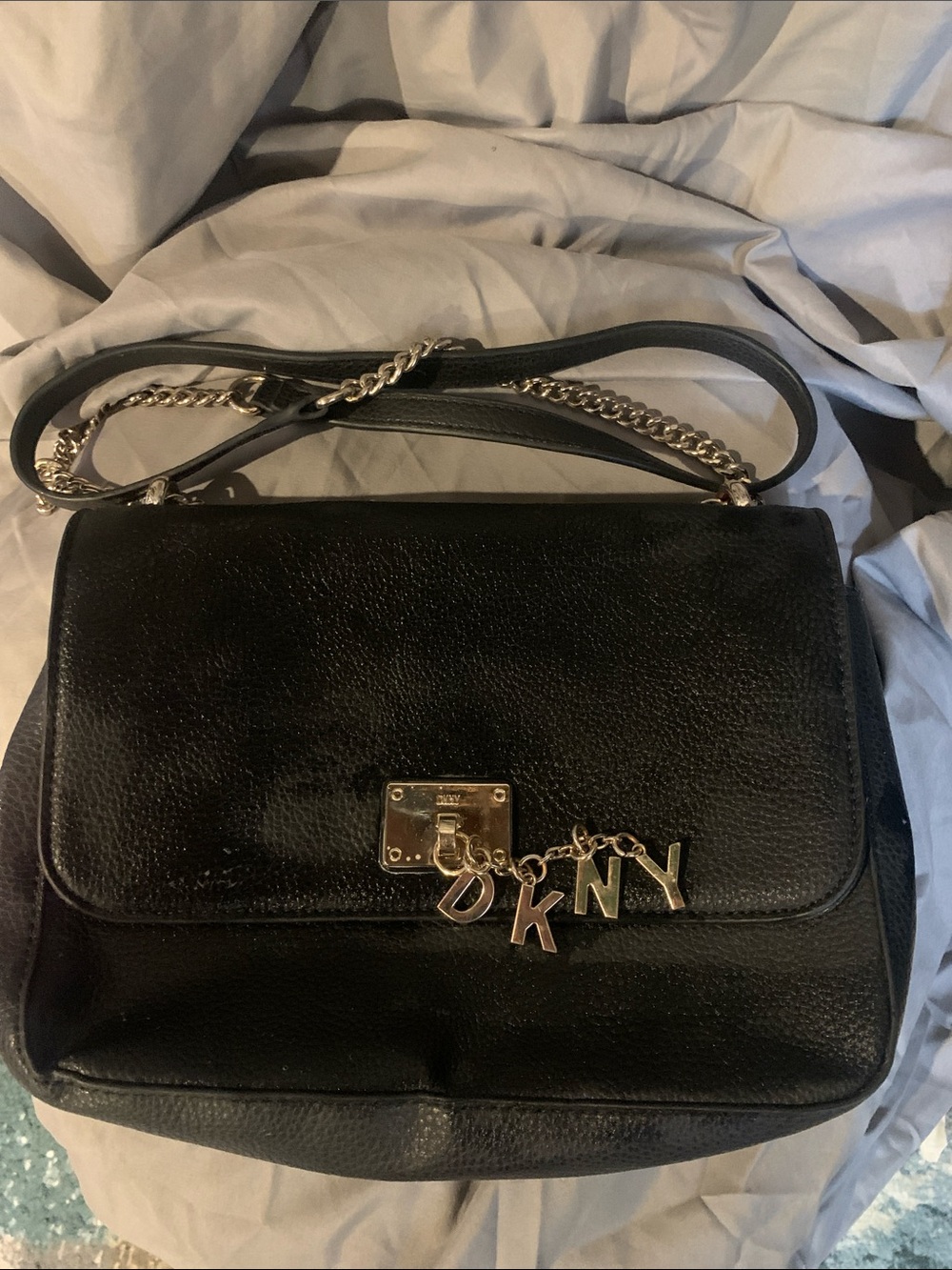 DKNY Black Leather Shoulder Bag with Gold Chain and Logo Charm